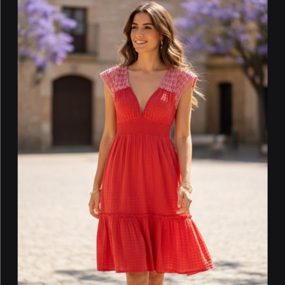 Free People Red and Beige Lace Dress